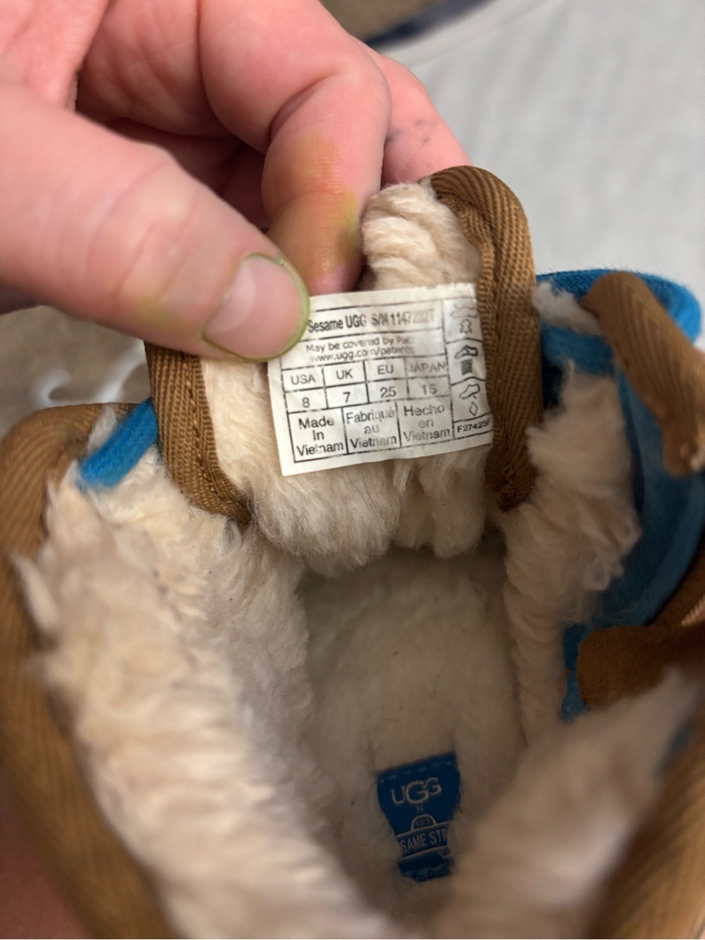 UGG Kids Brown Suede Boots with Red and Blue Laces - Picture 6 of 9
